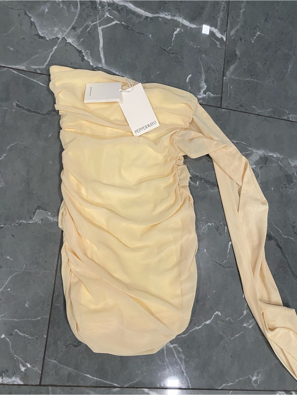 Peppermayo One-Shoulder Ruched Pale Yellow Dress